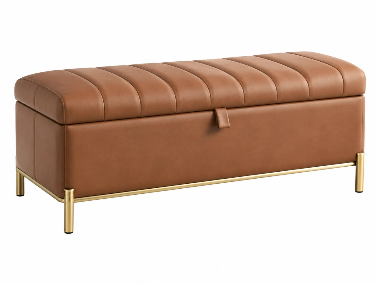 Sitzbank 120 x 45 x 48 cm aus braunem Kunstleder mit Stauraum und goldfarbenem Metallgestell