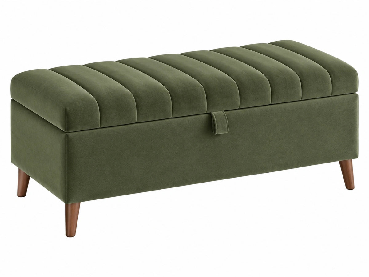 Sitzbank mit Stauraum 120 x 45 x 46 cm olivgrüner Samtstoff Holzfüße gerippte Polsterung
