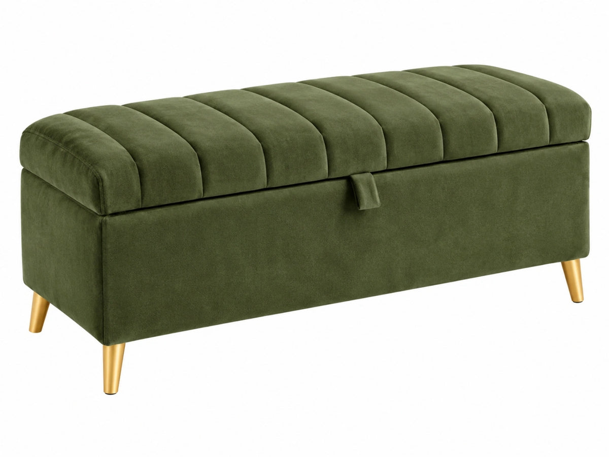 Sitzbank 120 x 45 x 46 cm in Olivgrün mit Samtoptik - gepolsterte Aufbewahrungsbank