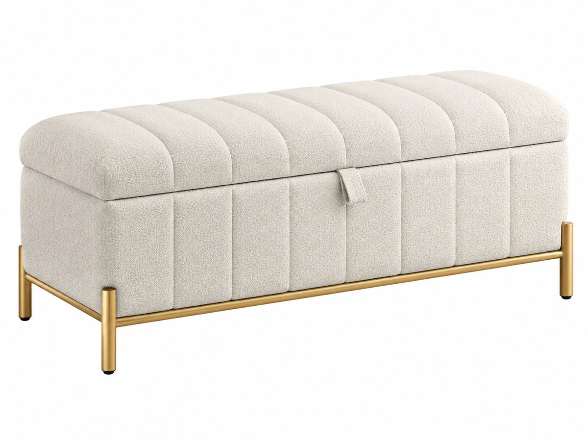 Sitzbank 110 x 45 x 47 cm Bouclé Stoff Creme mit Stauraum und Metallgestell