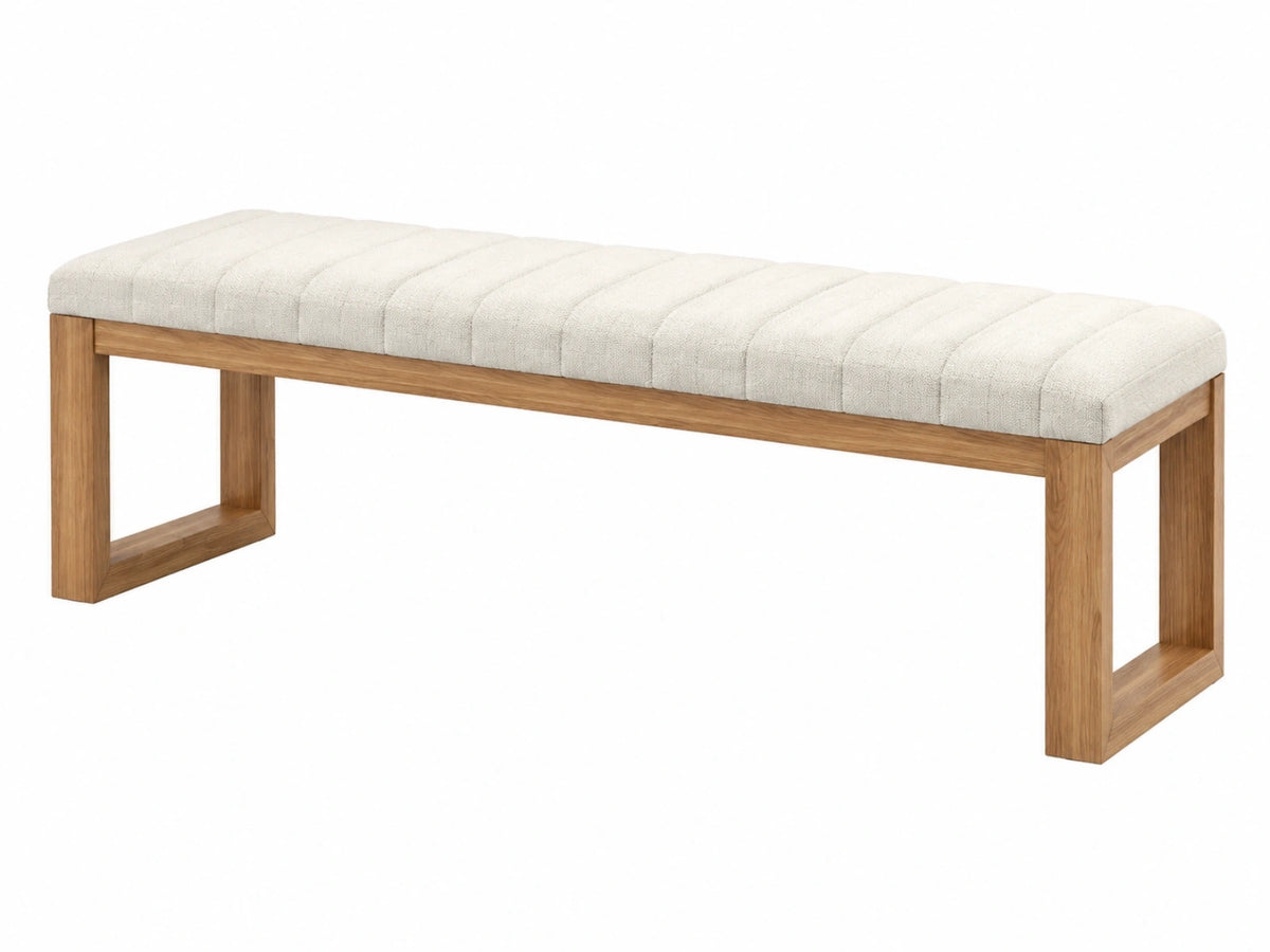 Sitzbank 180 x 45 x 46 cm aus Holz in Natur mit cremefarbenem Stoffbezug im modernen Stil