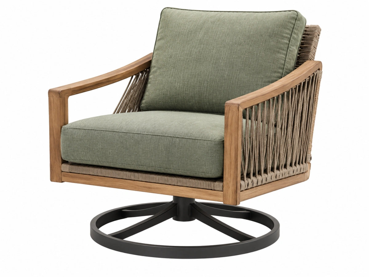 Drehbarer Gartensessel 80 x 85 x 88 cm aus Holz mit Seilgeflecht und grünem Stoff