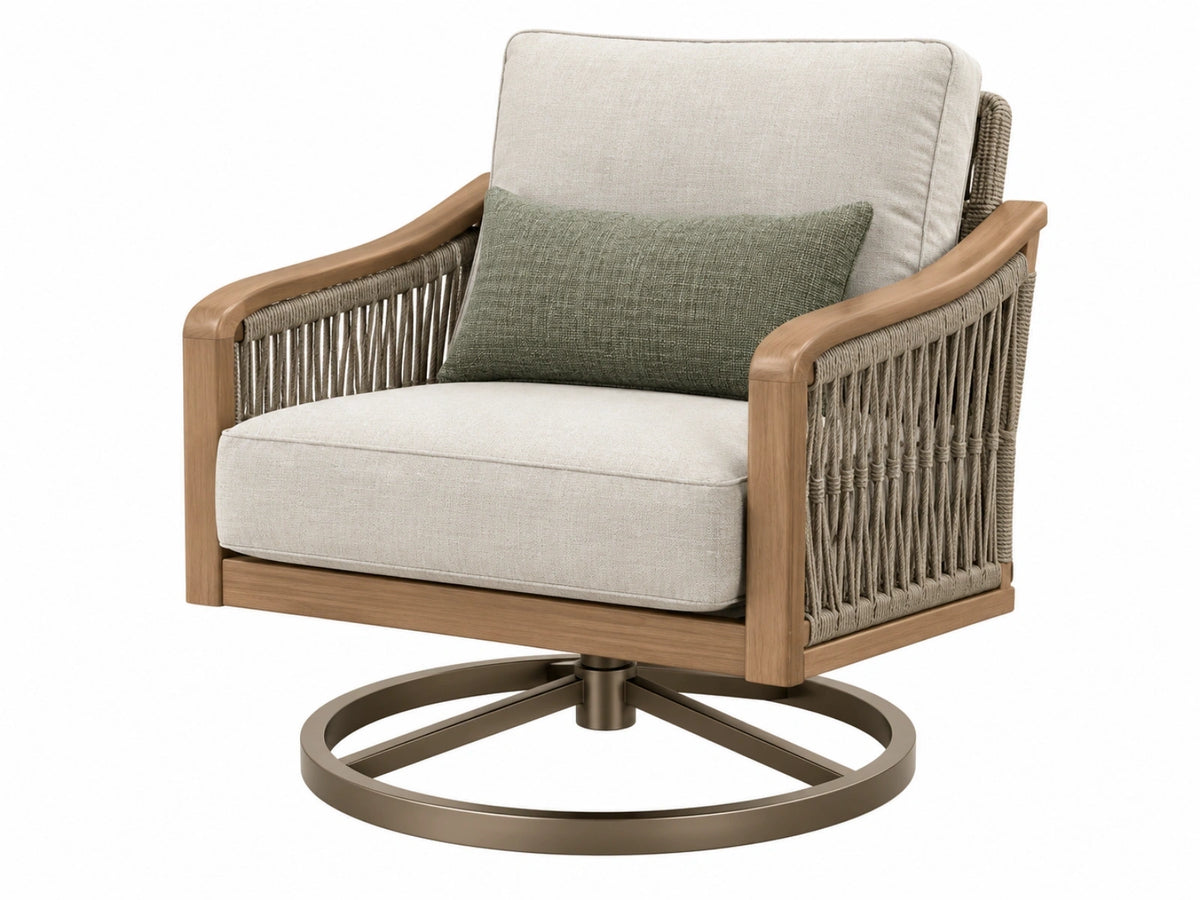 Drehsessel 82 x 85 x 90 cm aus Holz Textil und Kordelgeflecht in Beige Braun - drehbarer Loungesessel