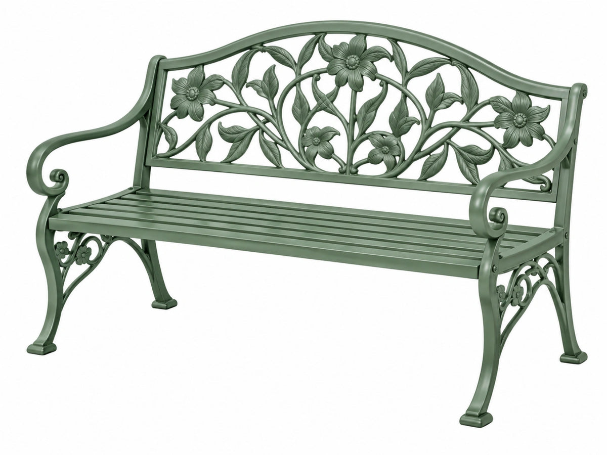 Gartenbank 125 x 60 x 90 cm Metall Grün mit Blumenrelief im Landhausstil
