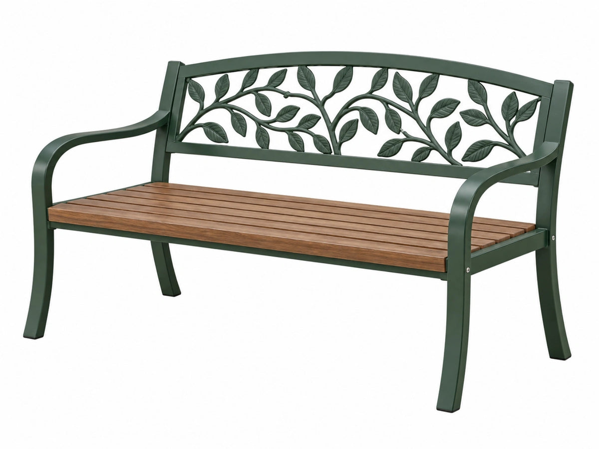 Gartenbank 122 x 61 x 90 cm aus Metall und Holz in Dunkelgrün Braun mit Blattmotiv