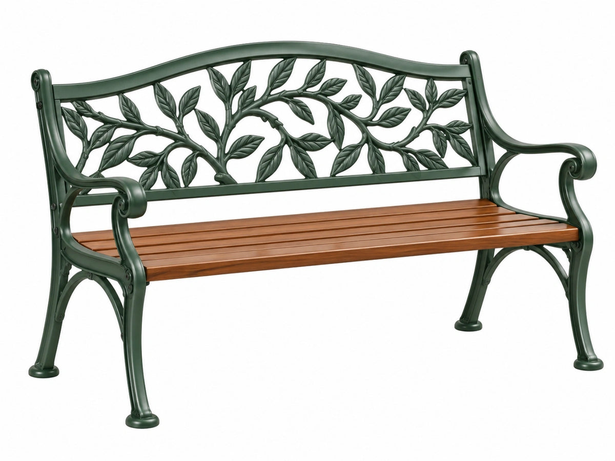 Gartenbank 125 x 60 x 90 cm aus Metall und Holz Grün Braun mit Blattdekor